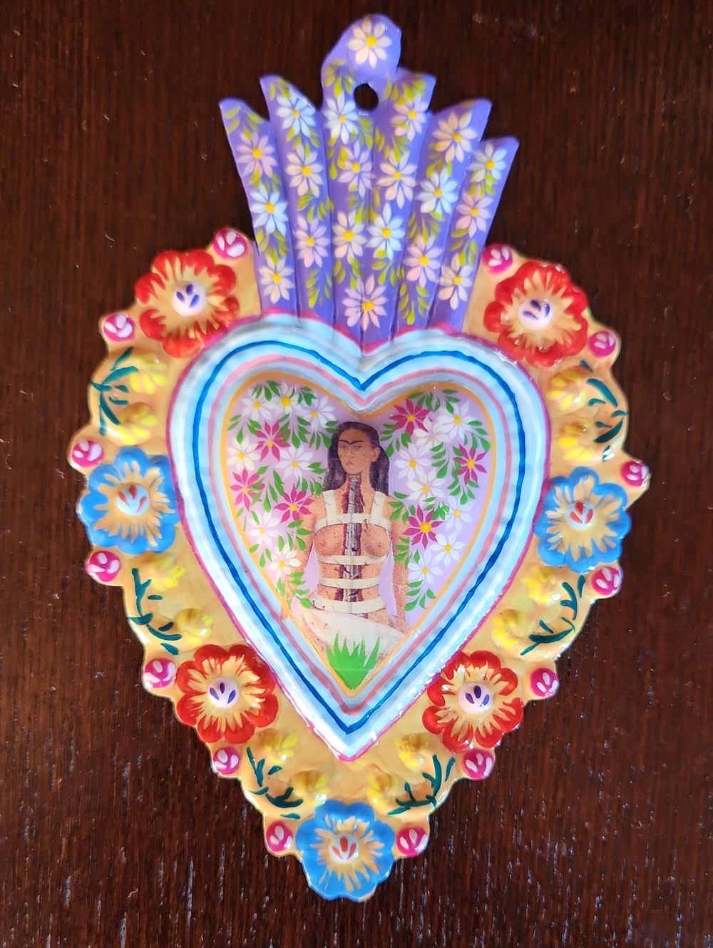 Hand-Painted Metal Frida Floral Heart Wall Art - Multicolor